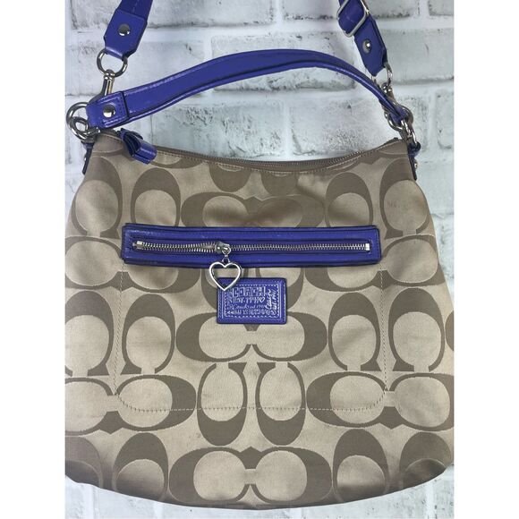 Coach Signature Stripe Hobo Bag F20064 Khaki/Blue Patent Leather Trim - Picture 5 of 16